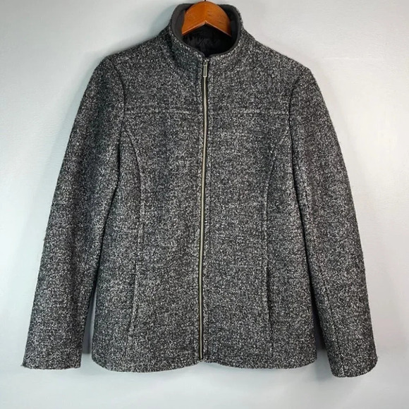 LANDS END Wool Zip Jacket Marled Black Grey High Neck Pockets Size 10P - Picture 11 of 11
